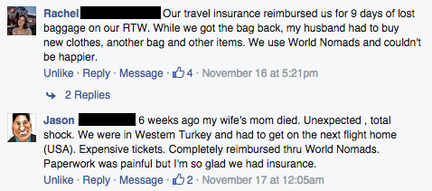 A screenshot from Facebook about using travel insurance