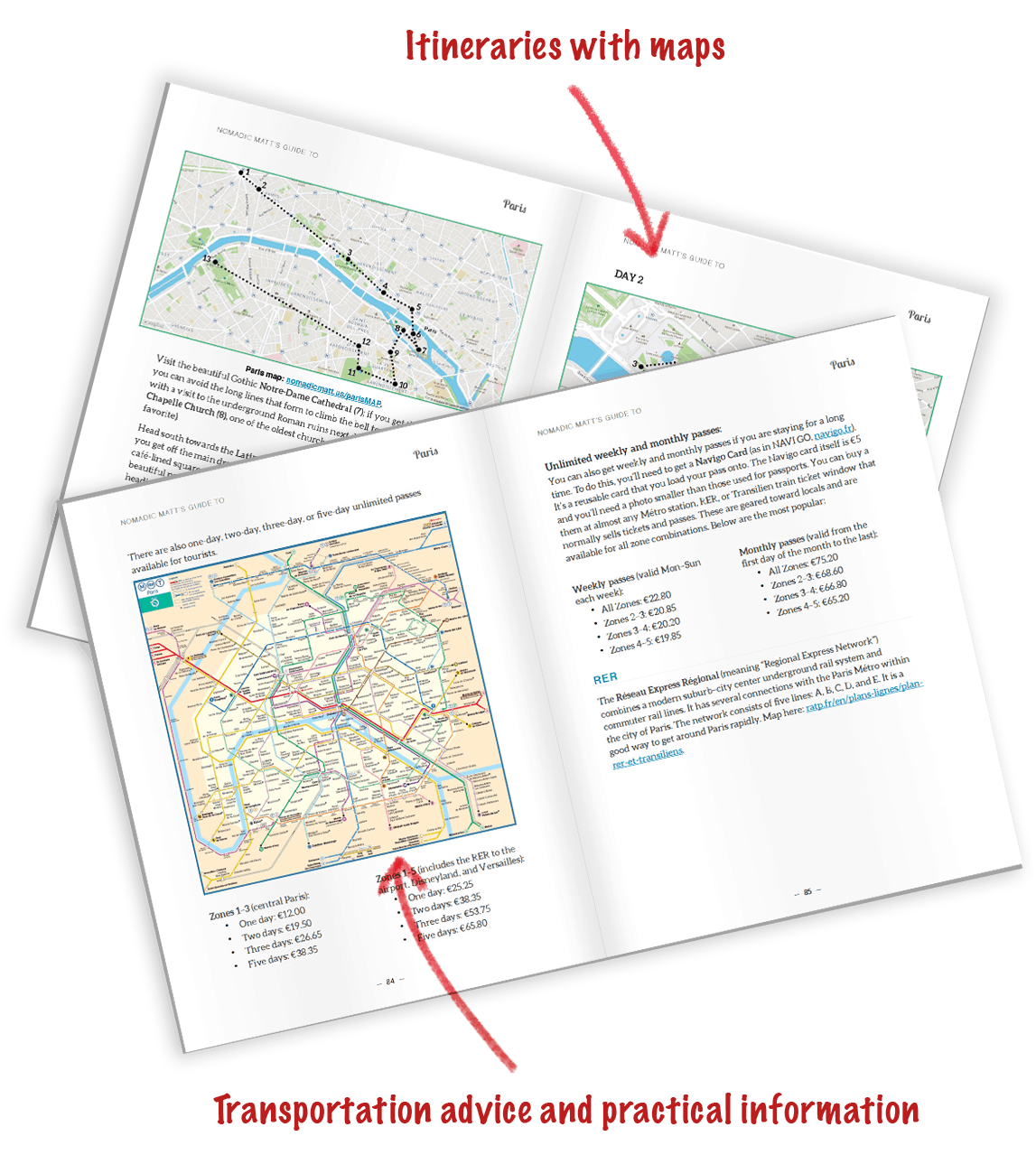 screenshot of itineraries in paris from the guidebook